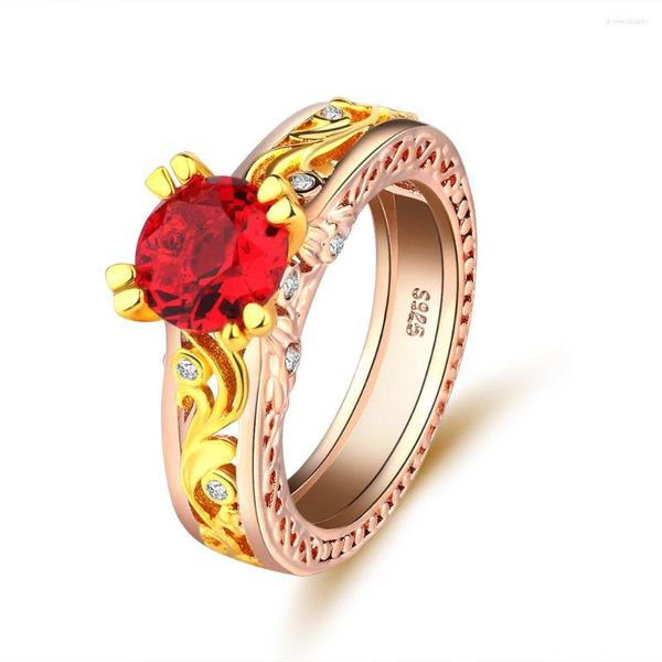Обручальные кольца Красное циркон помолвка для женщин Розовое золото Цвет 925 Серебряная женская цветочная винограда Кристаллы модные украшения