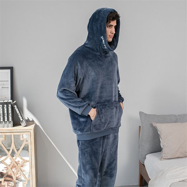 Männer Nachtwäsche Zwei Dicke Plus Kleidung Winter Für Anzug Männer Homewear Mann Mit Kapuze Casual Lose Hause Pyjamas Samt Flanell stück 221124