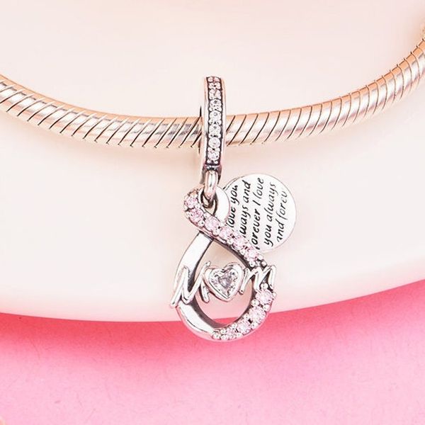 925 Sterling Silber Muttertag Mama Infinity Pave Double Dangle Bead passend für europäische Pandora-Schmuck-Charm-Armbänder