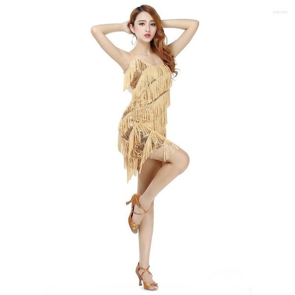 Bühnenkleidung Frauen Sexy Quaste Latin Kleid Tiered Fringe Flapper Abend Nachtclub Tanzen Fancy Kostüme C-Ausschnitt Pailletten