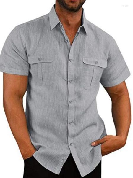 Camisas casuais masculinas linho de algodão top masculino branco cinza azul preto preto manga masculina roupas de verão Botão de lapela