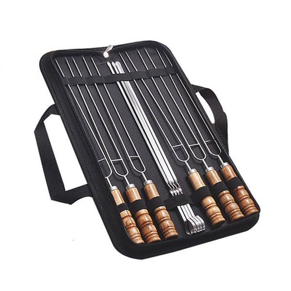 Accessori per utensili per barbecue 10 pezzi Forchetta a forma di U in acciaio inossidabile Barbecue Manico in legno da forno Spiedini per aghi arrosto Forchette per grigliare Cottura 221128