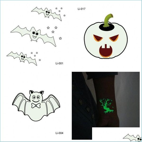 Otras pegatinas decorativas Protección del medio ambiente Etiqueta engomada del tatuaje Fiesta de Halloween Pegatinas divertidas que brillan en la noche Prop Vendido Bien Niños Dhdj3