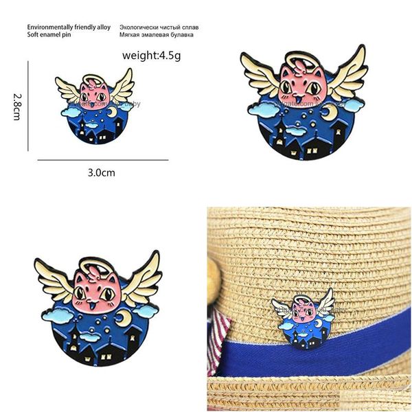 Pins Broschen Emaille-Farbe Anstecknadeln In dunkler Nacht fliegt das Engelchen zu einer gutherzigen Familie und schickt viel Glück Cartoon-Abzeichen Denim Dhwh4