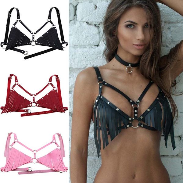 Camisoles Tanks Harajuku Goth Tassel PU Curso Cinturão Braage Bra Mulheres Sexy Tops Clube Festival de dança Rave Tassel Belts