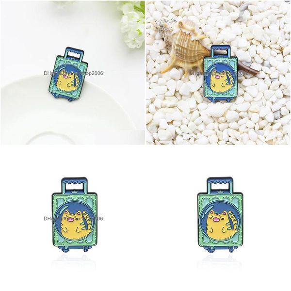 Perni Spille Cartoon Cat Modello Valigia Spilla in lega per ragazze Moda creativa Animale Trolley Box Forma Distintivo Gioielli Denim Shi Dhms6