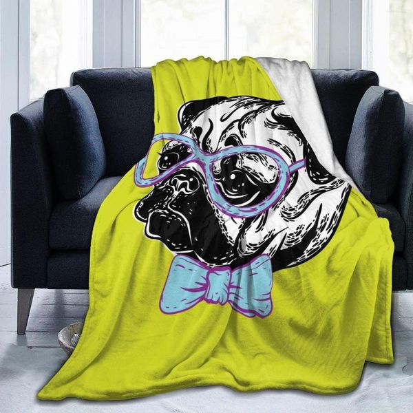 Одеяла фланелевые одеяло Симпатичная дуло собака мопс в очках галстук -бабочка мягкая тонкая флисовая покрывало