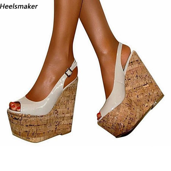 Heelsmaker el yapımı kadın platform sandaletler mantar kama topuklu peep toe güzel bej parti ayakkabıları bayanlar beden artı 4-15