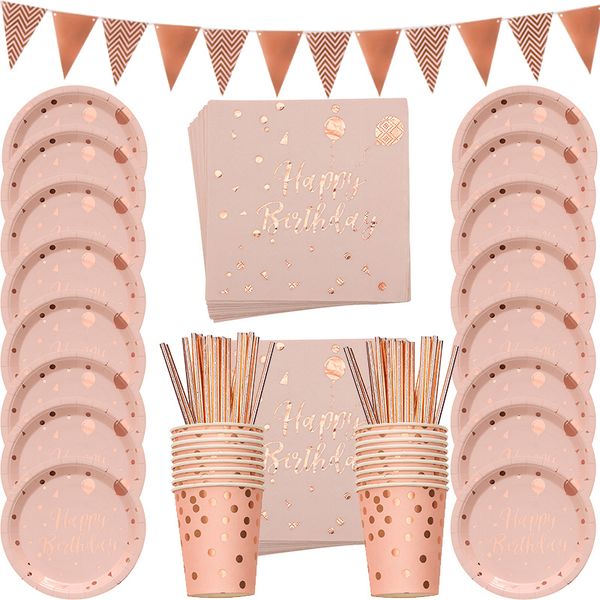 Dinina -de -jantar descartável 78pcs/conjunto Rose Gold Happy Birthday Decor Girl Tableware Set Plate Plate Streting Adult Birtdy Party Supplies 221128