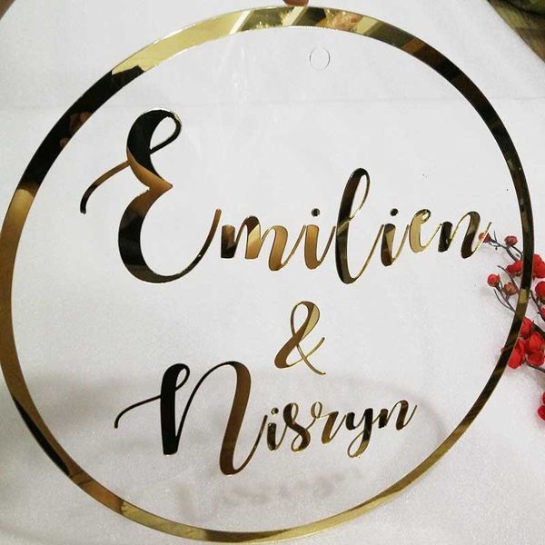 Decoração de festa personalizada espelho de casamento personalizado círculo de estilo de argola com nomes parede personalizada srs po props decors 221128