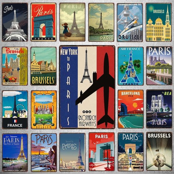 Bruxelles Metal Painting Vintage Travel City Building Targa in metallo Targa in metallo per parete Pub Cafe Home Craft Decor 20cmx30cm Woo