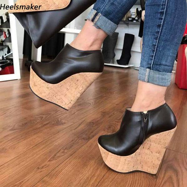 Heelsmaker Handgefertigte Damen-Plateau-Pumps mit Reißverschluss, Keilabsatz, runder Zehenbereich, schöne schwarze Partyschuhe, US-Größe 5–20