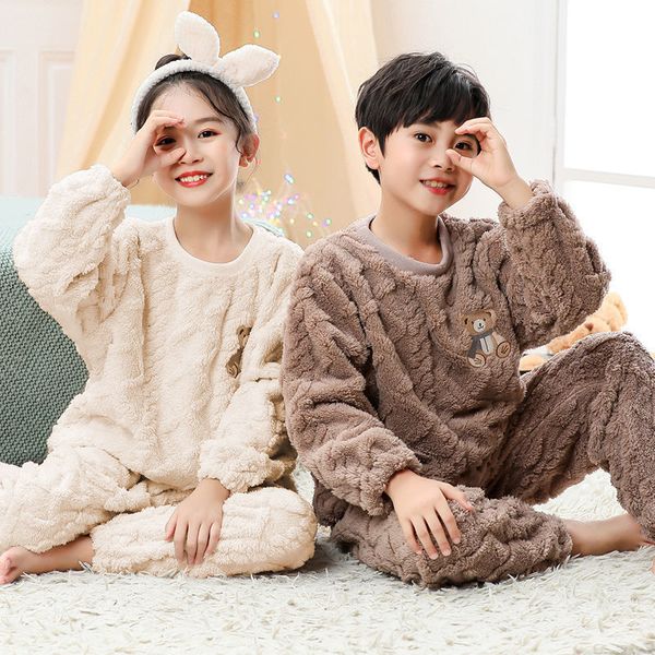 Pijamas meninas grandes meninos meninos outono de inverno de manga longa flanela quente conjunto