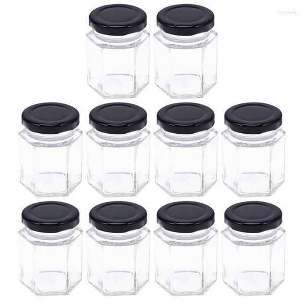 Bottiglie di stoccaggio 10pcs 45ml 85ml Hexagon Bottiglia di vetro trasparente Miele Barattolo vuoto Zucchero di noci Canister Serbatoio Cucina