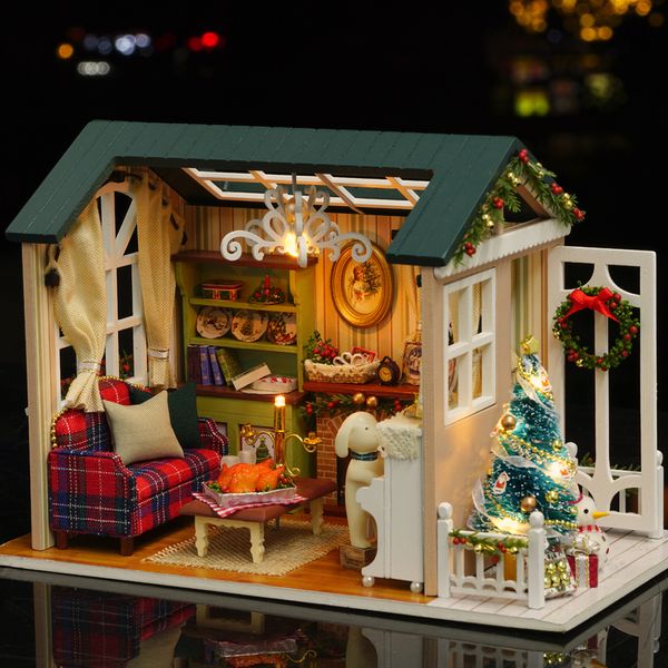 DIY Noel Minyatür Dollhouse Kiti Gerçekçi Mini 3d Ahşap Ev Oda Zanaat Mobilya Led Işıkları Noel Dekorasyonu 221126