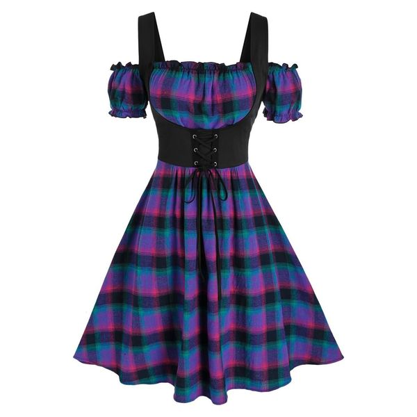 Vestidos casuais vestidos com estampa xadrez de fivela dianteira vestido de fivela dianteira oktoberfest traje bavarian plus size uma linha mini vestido vestidos femme 221126