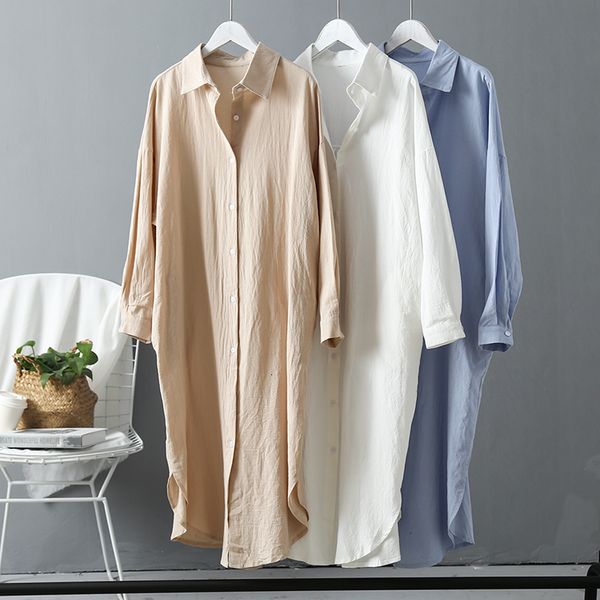 Günlük Elbiseler Gömlek Elbise Kadınlar için Keten Pamuklu Rahat Kore Vintage Büyük Boy Midi Robe Yaz Sonbahar Rahat Uzun Beyaz Kadın Giyim 221126