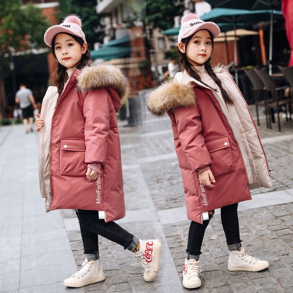 Piumino invernale caldo per ragazze Giacca lunga Moda Collo in pelliccia Con cappuccio Ragazza teenager Parka Tuta da neve Capispalla per bambini Abbigliamento 413Y 221125