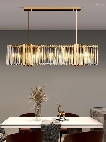 Kronleuchter Moderner rechteckiger Kristall-Kronleuchter für Esszimmer, Hängeleuchte, gebürstetes Gold, Kücheninsel, LED-Kristall-Glanz-Lampe