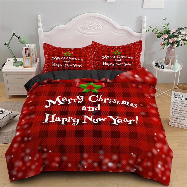 Bettwäsche-Sets Frohe Weihnachten Bettbezug King für Jungen Mädchen Mikrofaser Weihnachtsmann Niedliche Hirsch Cartoon Tiere Rot Plaid 3D-Druck-Set 221125