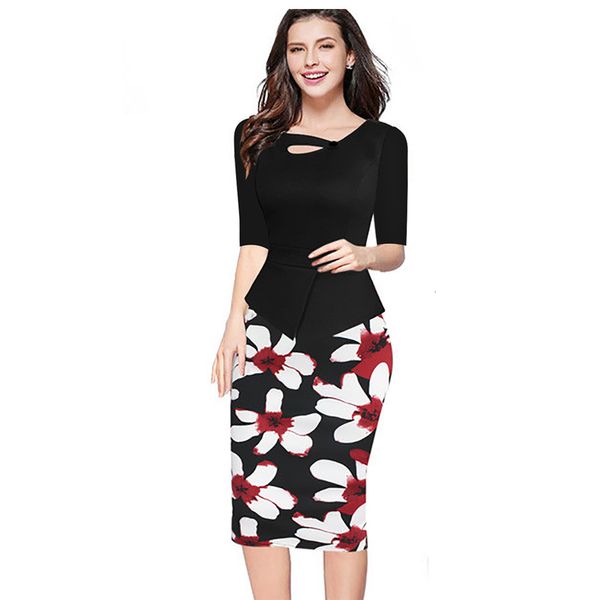 Sıradan Elbiseler Thindenda Kadınlar Zarif Çiçek Baskı Elbise Sahte İki Parça Ofis Giyim Kalem Elbise İş İş Partisi Akşam Vücut Kıyafetleri 221126
