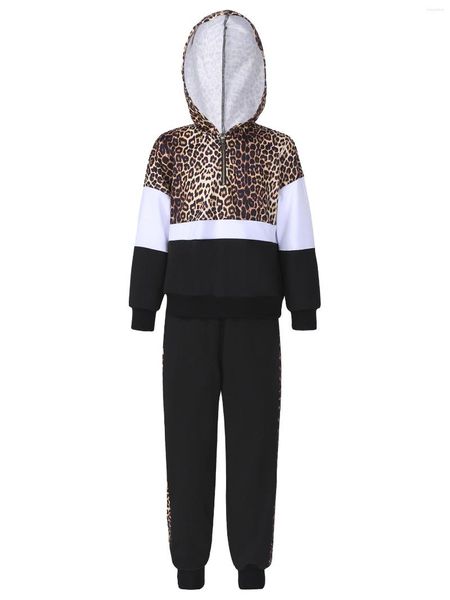Наборы одежды черные дети девочки с капюшоном с длинным рукавом квартал Zip Leopard Print Tops Tops и спортивные штаны устанавливают повседневный спортивный костюм