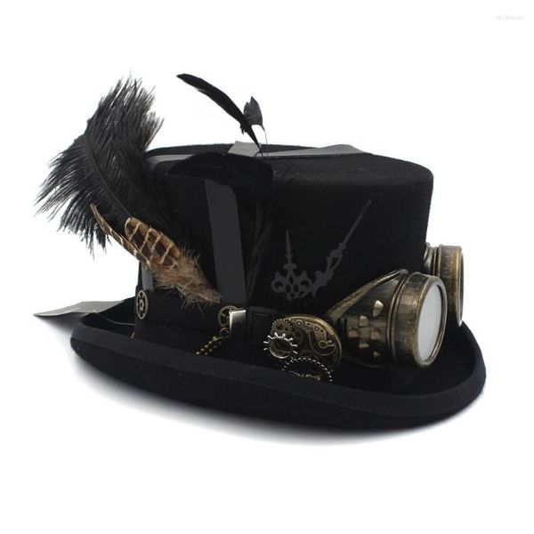Berets Top 15 см шерстяной шерсть DIY Fedora Steampunk Hat для женщин Мужчины Steam Punk Gear Millinery Goggles Party Cap