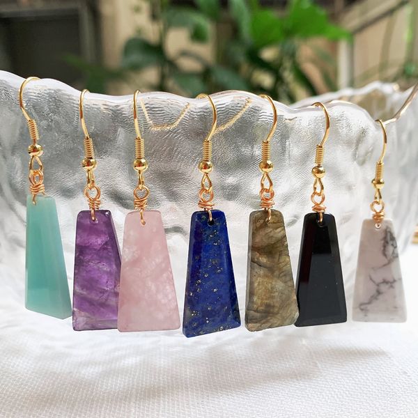 Kadınlar için Doğal Kristal Taş Dangle Küpeler Geometrik Charm parlak obsidiyen ametist lapis pembe reiki kristal küpe