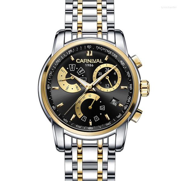 Avanadores de pulso Suíça Carnival Sport Multifunction Mechanical Men Watches Luminous Waterspert Sapphire Clock C8800