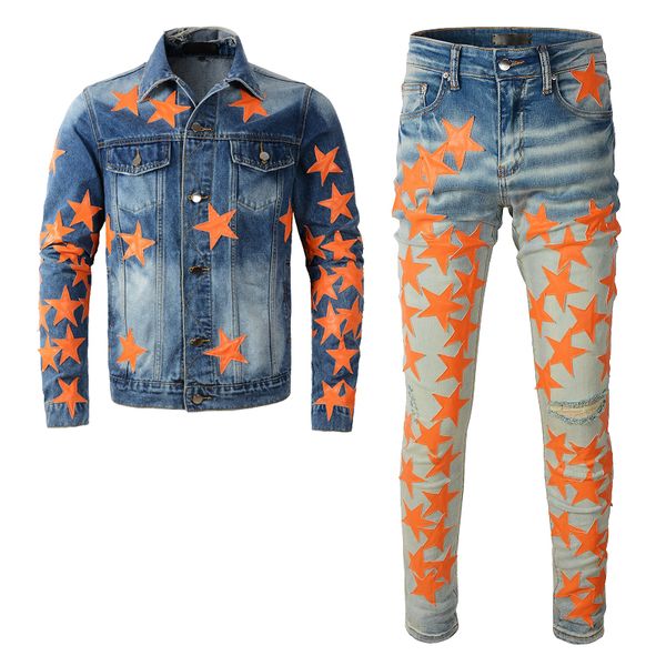 Trechos de trajes azuis Rapped Homs Men 2 Peças Conjuntos de contraste de mola design de cores jeans de jeans combinando jeans skinny magra Slim Conjuntos de hombre