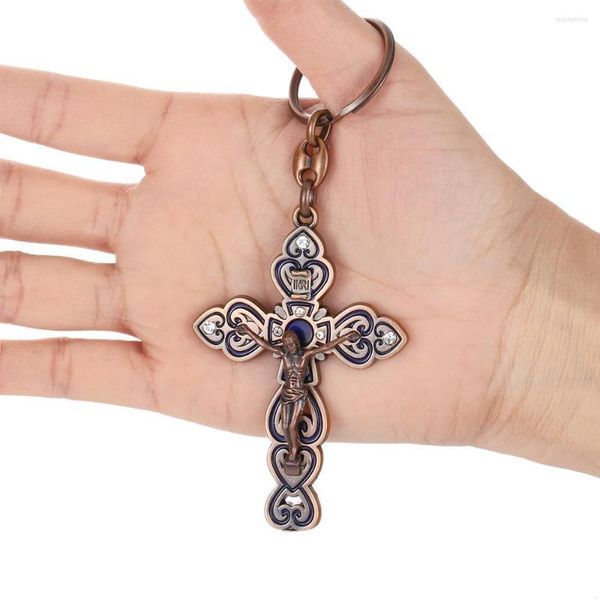 Anahtarlıklar Inri İsa çapraz kolye anahtarlık kristal eski bronz renk alaşım tutucu anahtar yüzük dini Hıristiyan mücevher aksesuarları