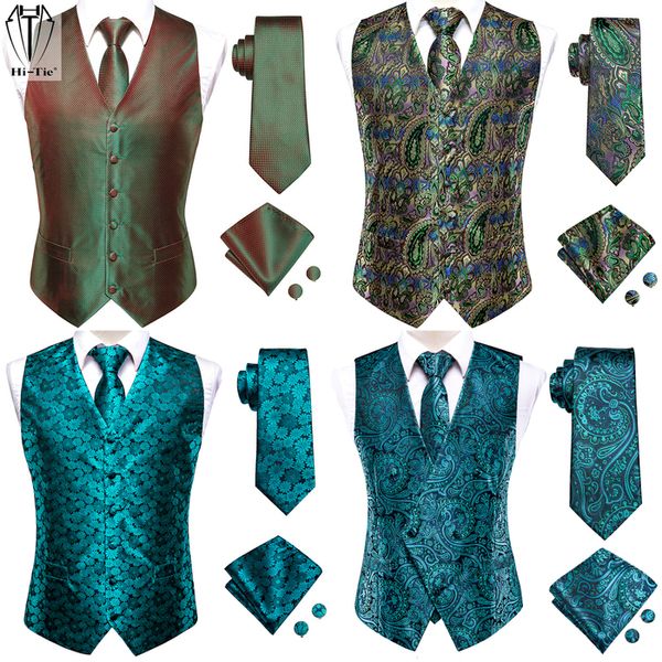 Gilet da uomo Hi-Tie Marca Seta da uomo Verde acqua Gilet Giacca Cravatta Tasca quadrata Gemelli per uomo Abito completo Festa di nozze Affari 221124