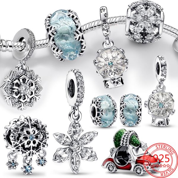 O novo popular 925 Sterling Silver Winter Series Snowflake Charm Blue Glass Beads Adequado para Pandora Pulseira Menina Presente de Natal