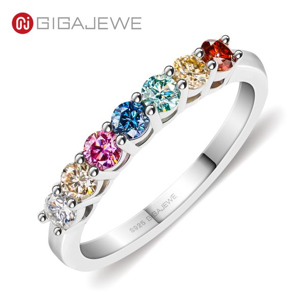 GIGAJEWE Anello a mezza banda Moissanite 3.0mm color arcobaleno Taglio rotondo Argento 925 Diamante Test superato Donna Ragazza Regalo GMSR-029