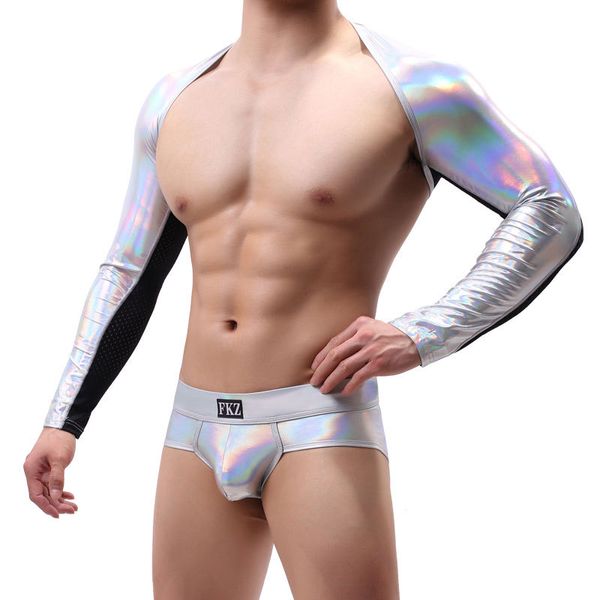 Magliette da uomo Uomo Nero Ecopelle Mesh Uomo Crop Top Gay Sexy Nylon Spandex Maniche lunghe Wrestling Senza pantaloni inclusi