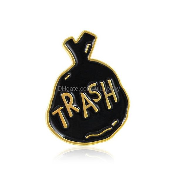 Pinos broches letra de desenho animado lixo preto broche de lixo saco de esmalte pinos resíduos de resíduos iniciativa de proteção ambiental metal badg dhq2u