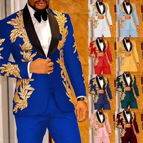 Smoking da uomo con applique dorate 2 pezzi con paillettes Abiti da sposa belli su misura per il miglior uomo Fit Slim Formal