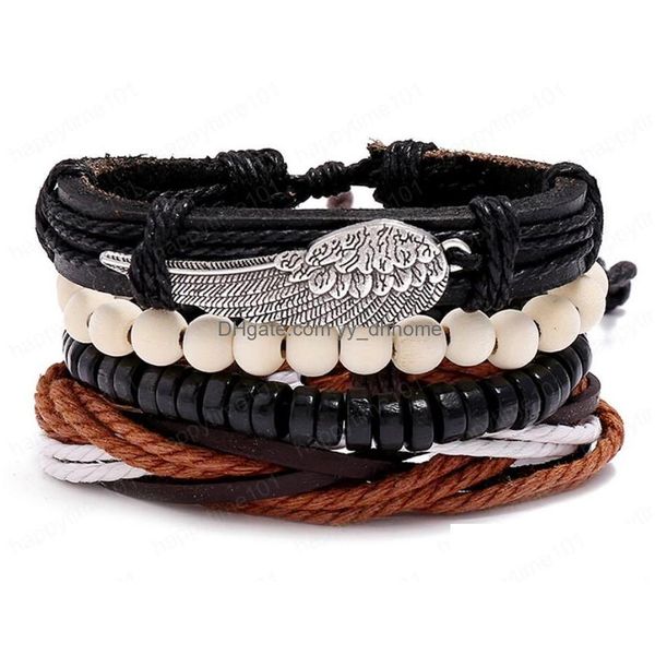 Bracelets de charme mans mans taca pulseira de couro diy tecida mtilayer liga wings wings miçangas de miçanga de miçanga de combinação de traje de combinação de traje 4styles/1set dhsyu