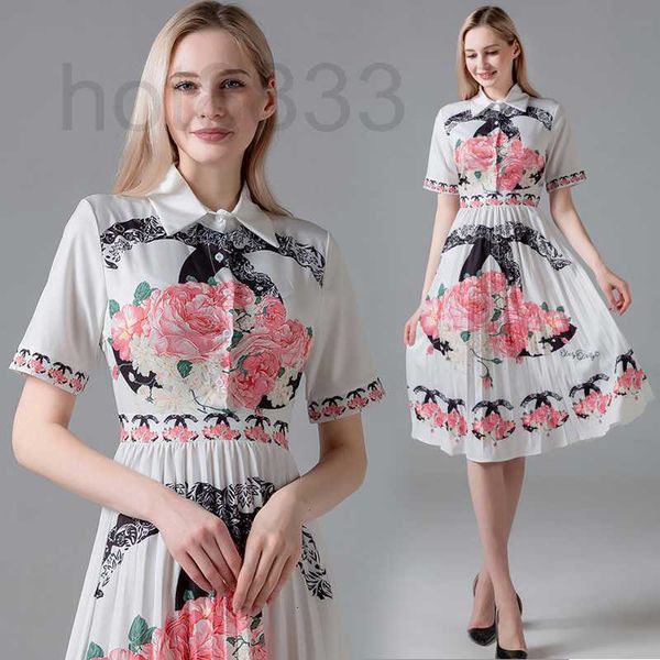 Vestidos casuais designer novo quente 2020 pista de verão feminina fashon lapela plissout vestido de camisa elegante damas estampas florais slim office botão de manga curta f31f