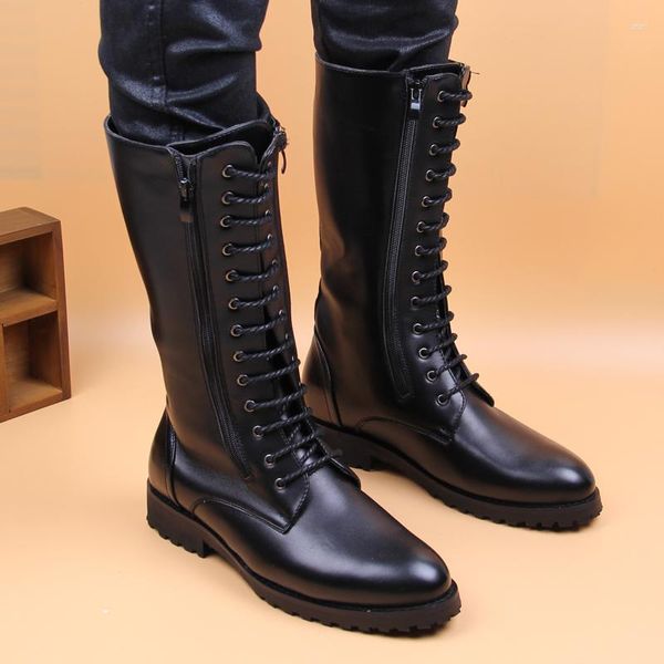 Stivali Moda Uomo Cavaliere Scarpe in pelle di mucca nera Piattaforma stringata Stivale lungo Moto alta Botas Hombre Sapatos