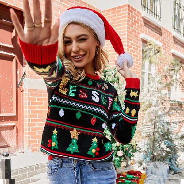 Suéteres femininos natal preto fino jumper malhas inverno quente manga longa em torno do pescoço pulôver camisola