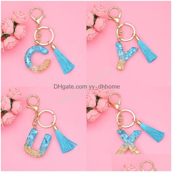 Chave Rings Fashion Letters AZ Corrente inicial com borla Bolsa de chave de plástico de pedra azul -Bolsa Boneca pendurada Dhgud pendente Dhgud