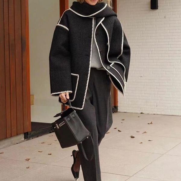 Mulheres misturas de lã outono inverno mistura borlas bordado cachecol jaqueta cinza escuro melange casaco de grandes dimensões bolsos grandes 221129