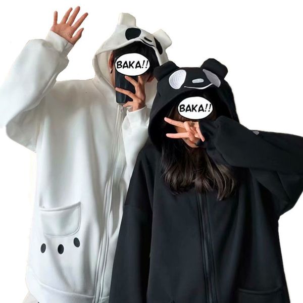 Kadın Hoodies Sweatshirts Bahar Çiftleri Giysileri Eşleştiren Kadınlar Kadınlar Pençe Nakışları Ayar Pençe Zip-Up Sevimli Komik Panda Kulakları Kapüşonlu Sweatshirt 221129