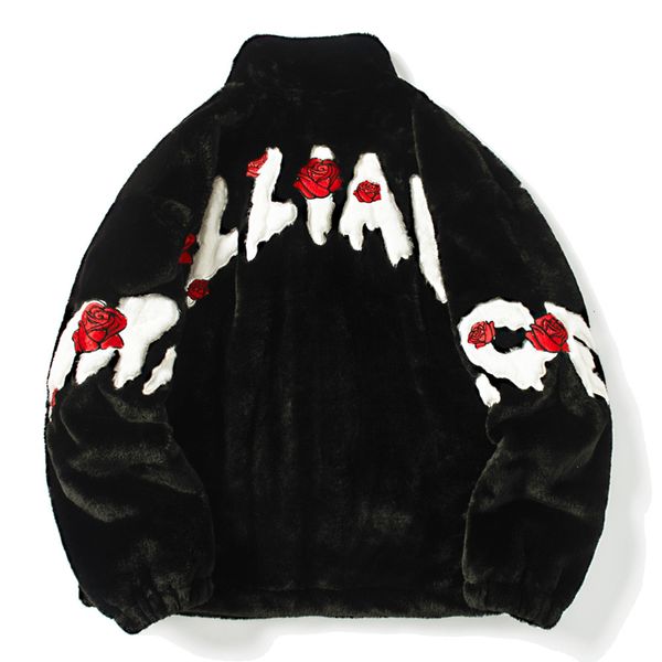 Mens jaquetas homens fleece casacos hip hop rosa letra de flores de rosa inverno parka streetwear casual harajuku moda zip fora roupas 221129