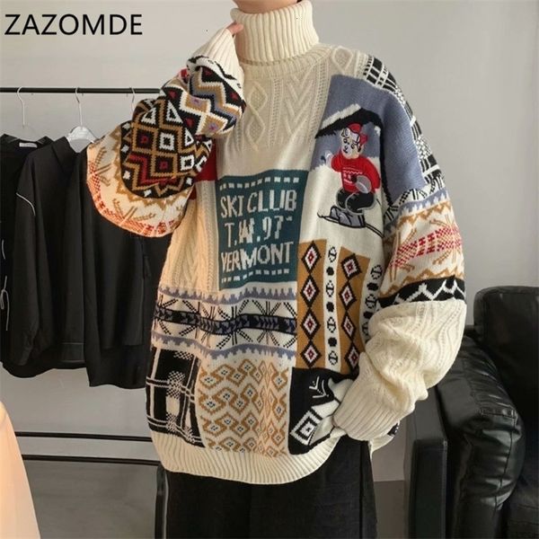 Camisolas masculinas Zazomde inverno homens gola alta natal urso de esqui de malha pullovers casual masculino malhas hip hop 221129