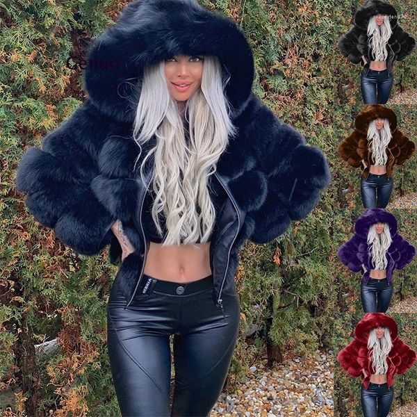 Cappotto corto da donna in pelliccia sintetica di lusso da donna, giacca invernale corta con cappuccio grande, cappotto caldo e spesso, con cerniera, cappotti finti a raffica di moda
