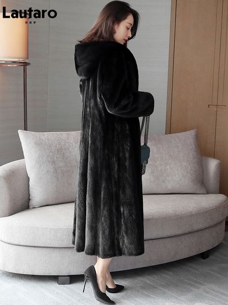 Frauen Pelz Faux Lautaro Winter Maxi Schwarz Warm Flauschigen Nerz Mantel Frauen mit Kapuze Langarm Rock Elegante Luxus Koreanische mode 221128