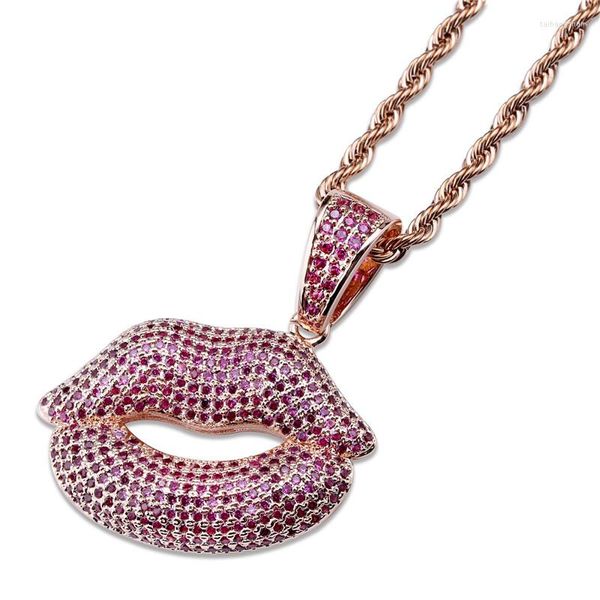 Anhänger Halsketten OMYFUN Fabrik Preis Frauen Rote Lippen Charme Hip Hop Halskette 3A CZ Iced Pave Joyeria Bijoux Party Schmuck Drop