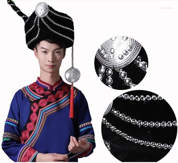 Berretti Stile etnico da palcoscenico YiZu Cappello nero da uomo Puntelli di gioielli di minoranza Copricapo da esibizione di danza per uomo Cina